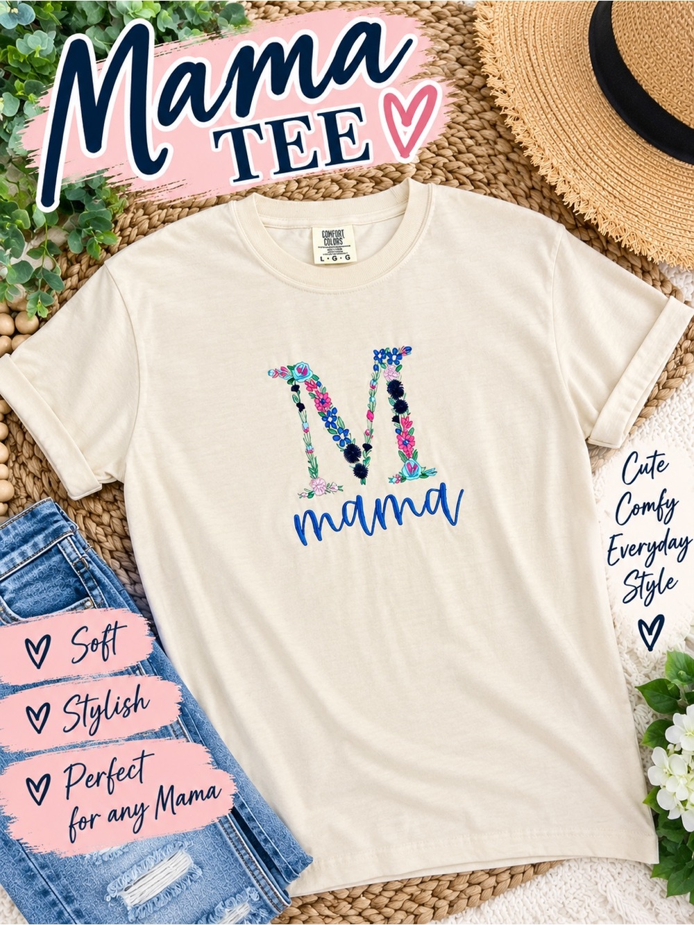 Comfort Colors Cream Mama Tee with Floral 'M'